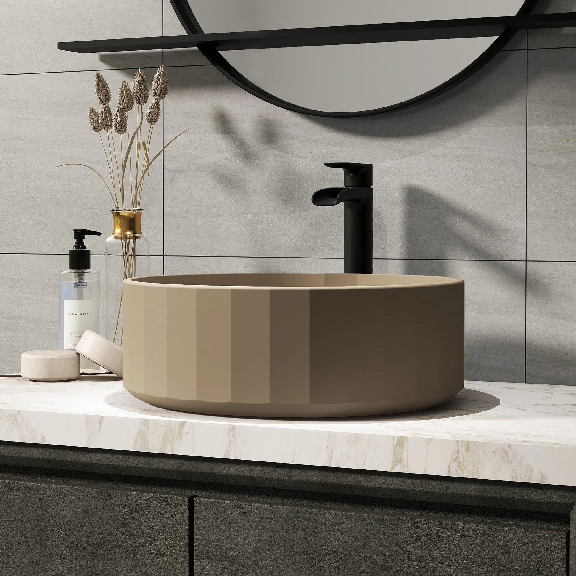 17in Bathroom Concrete Round Vessel Sink with Drainer in Black Earth / Mottled Bluish Grey / Taupe Clay