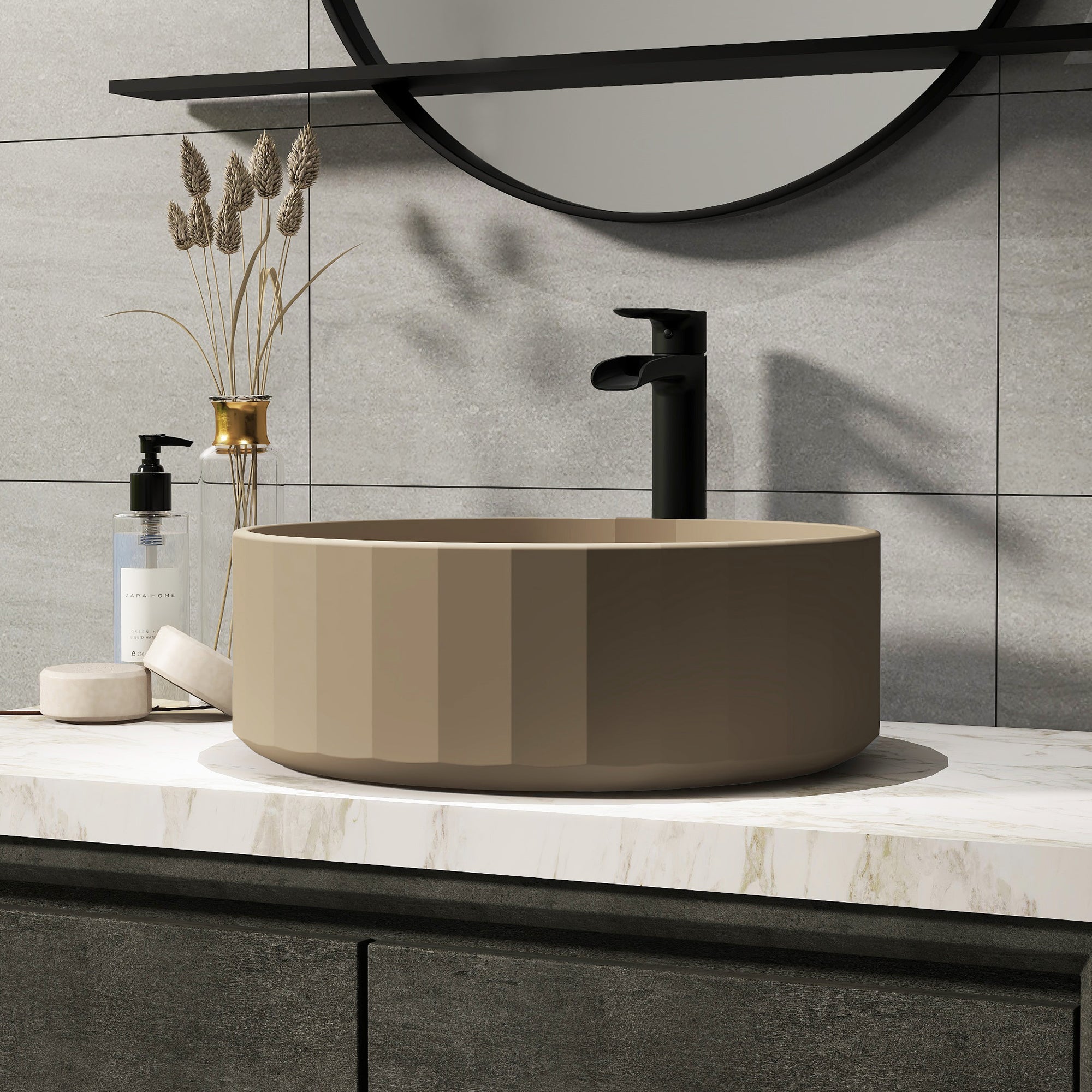 17in Bathroom Concrete Round Vessel Sink with Drainer in Black Earth / Mottled Bluish Grey / Taupe Clay