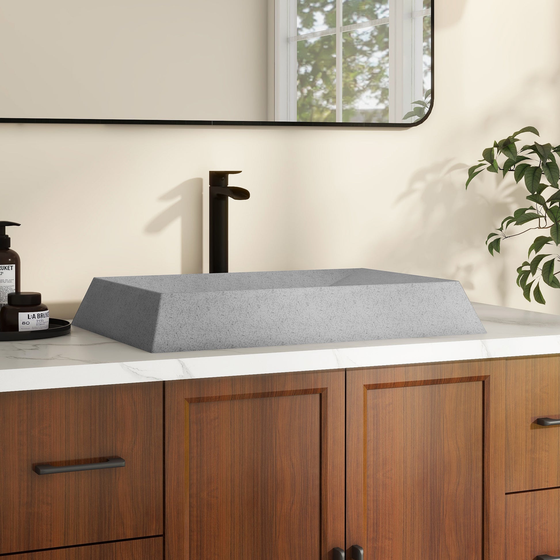 27in Bathroom Concrete Rectangular Vessel Sink with Drainer in Mottled Bluish Grey / Black Earth / Taupe Clay
