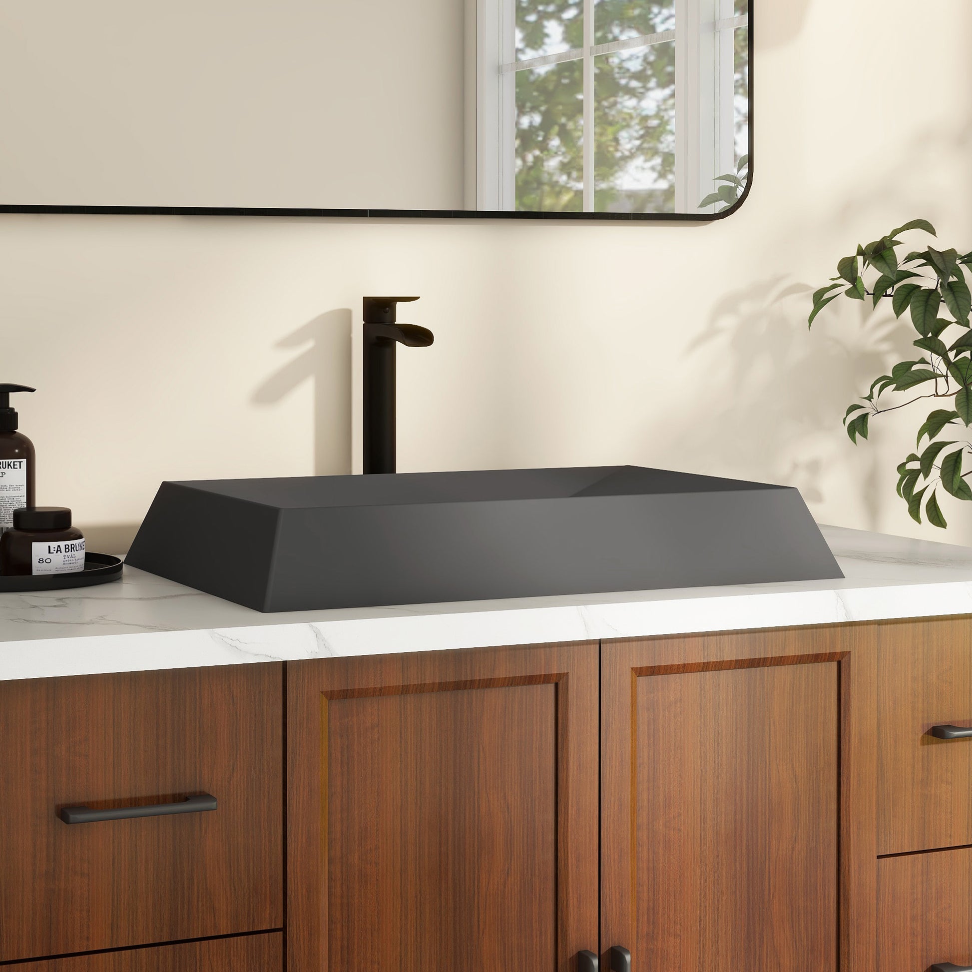 27in Bathroom Concrete Rectangular Vessel Sink with Drainer in Mottled Bluish Grey / Black Earth / Taupe Clay
