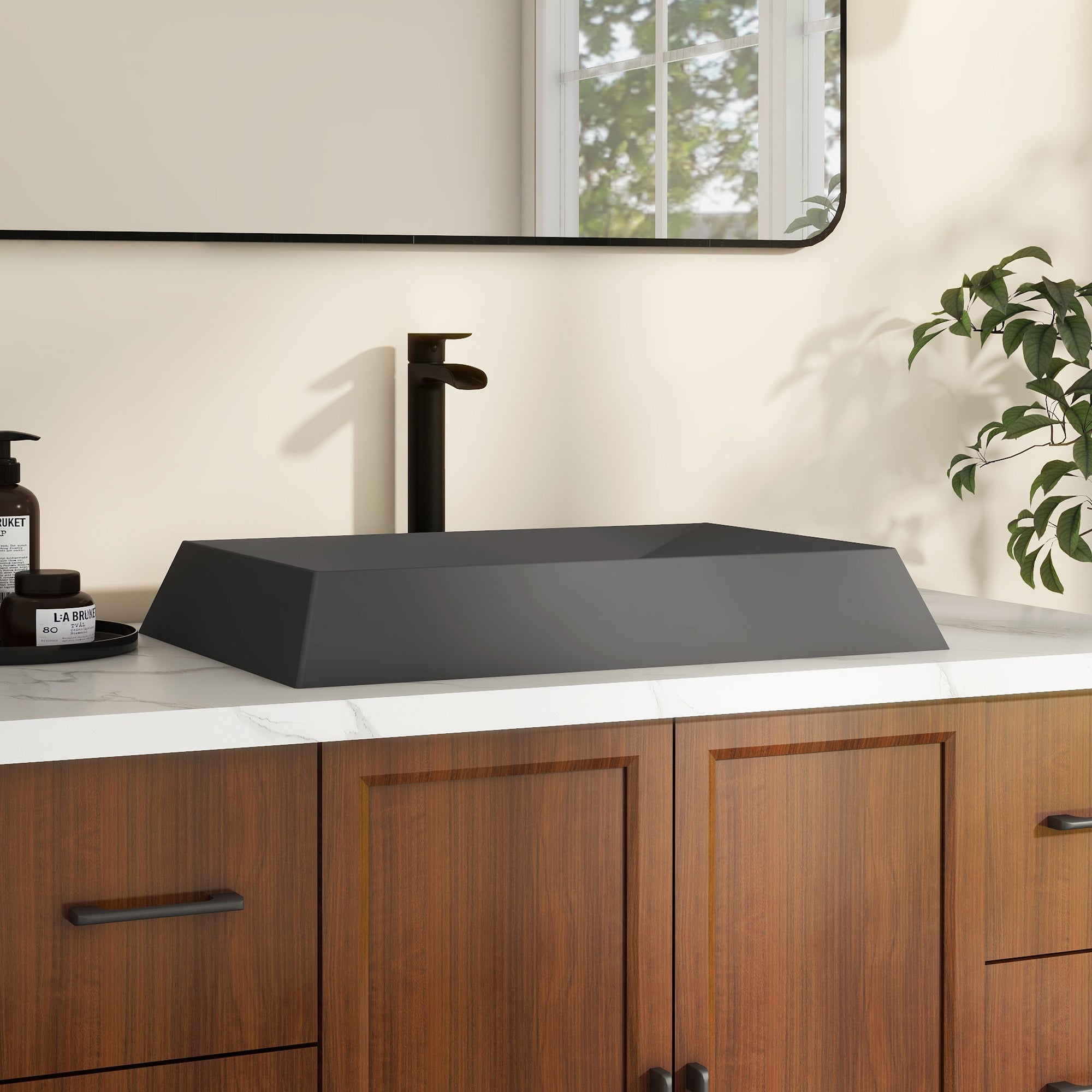 27in Bathroom Concrete Rectangular Vessel Sink with Drainer in Mottled Bluish Grey / Black Earth / Taupe Clay